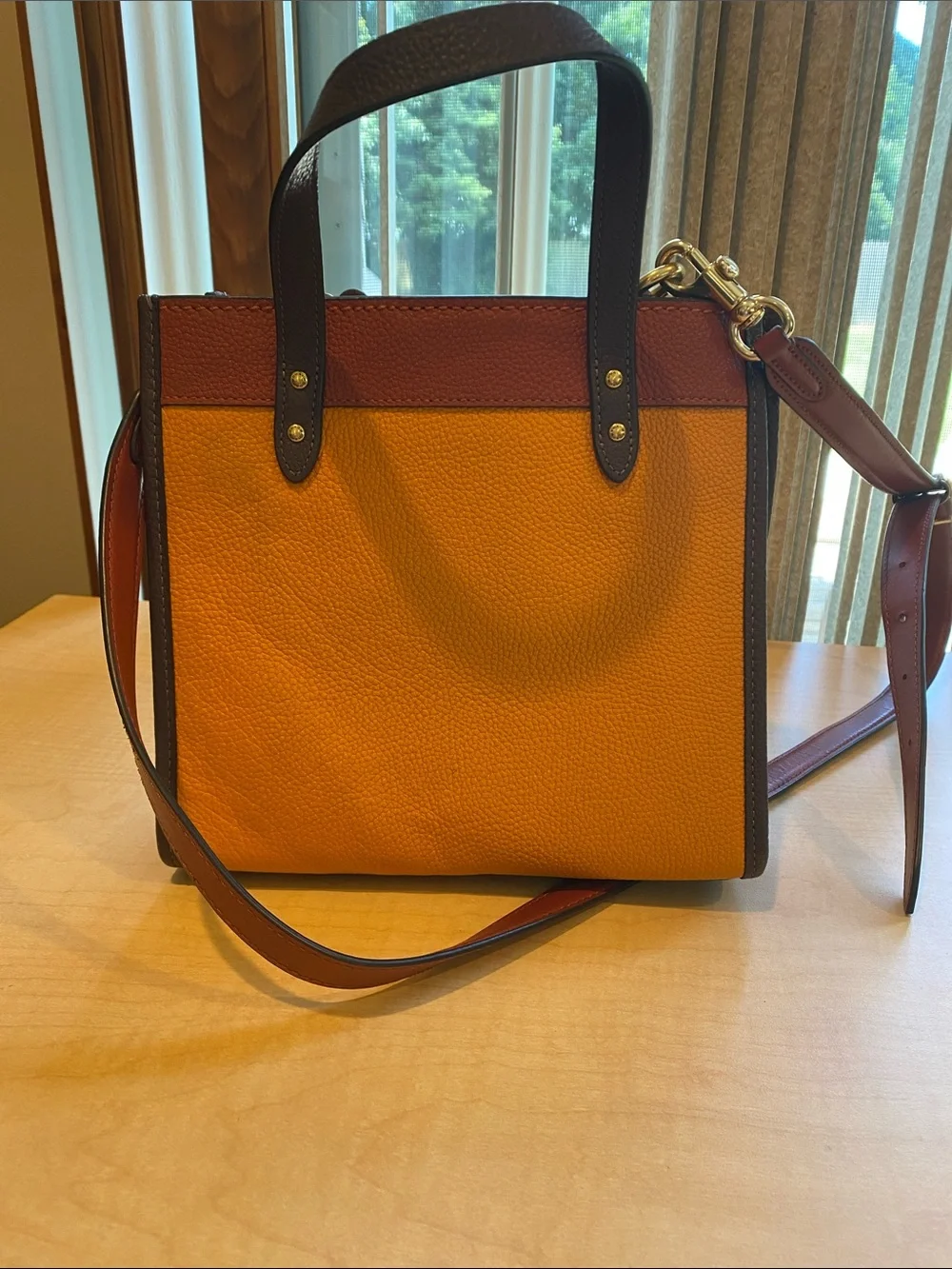 Coach Two-Tone Pebble Leather Tote in Orange and Burgundy